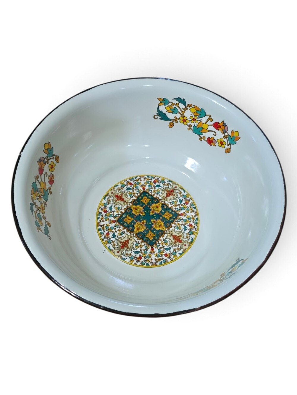 Floral Enamel Serving Bowl in White with Multicolor Pattern